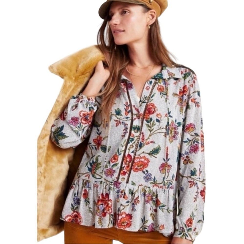 Maeve Anthropologie Janie flounced peasant peplum Women's Floral top small lace